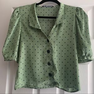 Satin green polka dot button up shirt